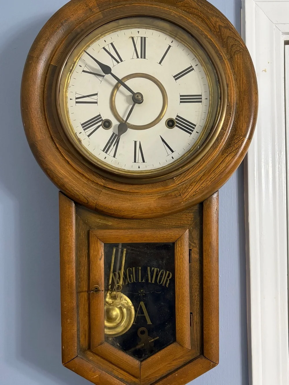 Antique Oak Regulator A Wall Clock – 8-Day Key Wind, Works Great!
